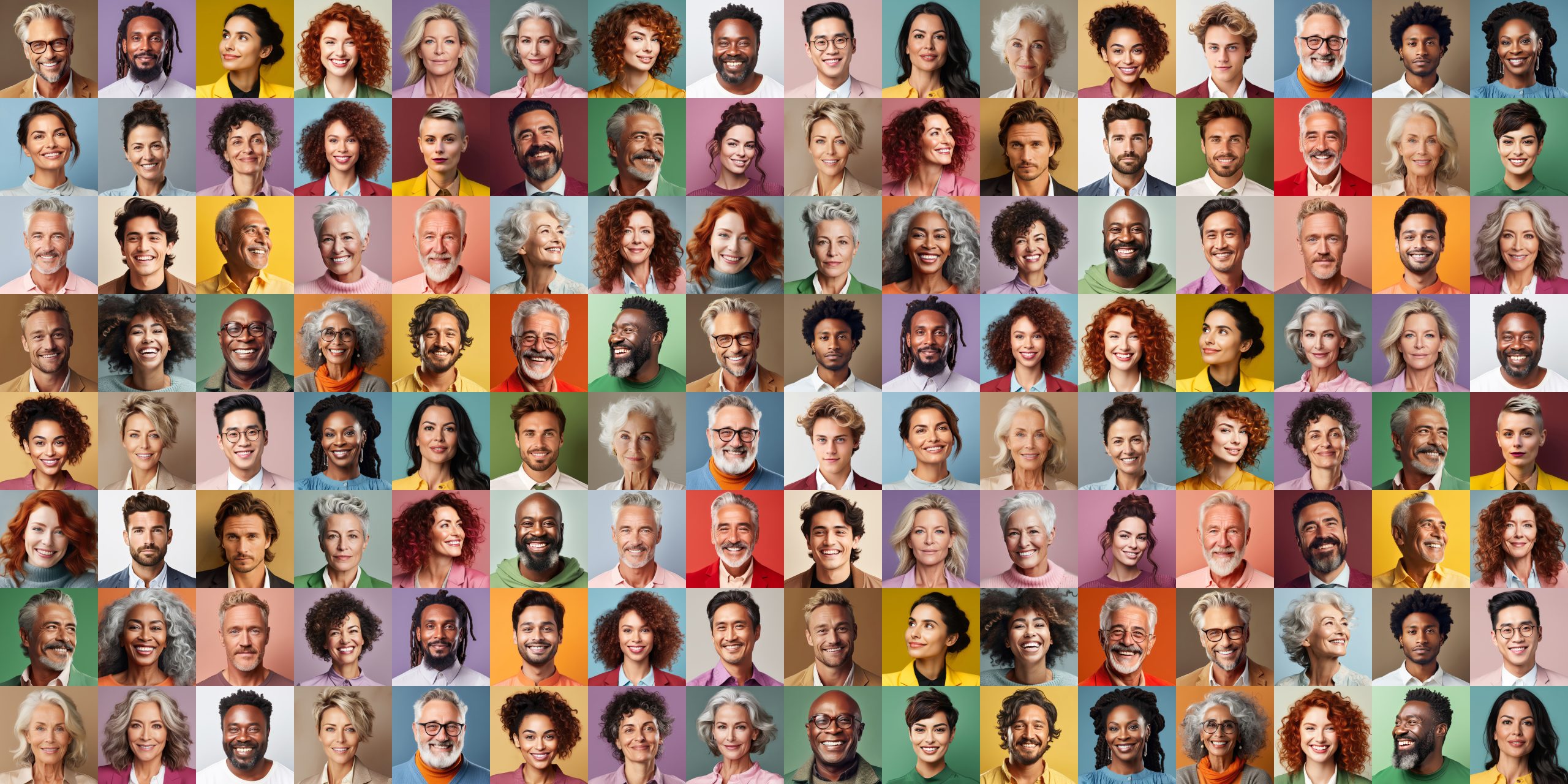 Panorama of adult people of many age groups in front of colorful backgrounds